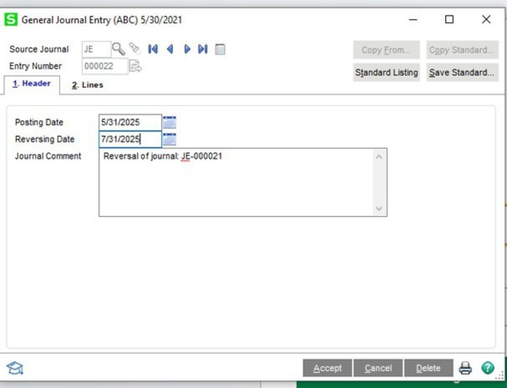 Sage 100 – How to reverse a General Ledger Journal Entry and post to new date.