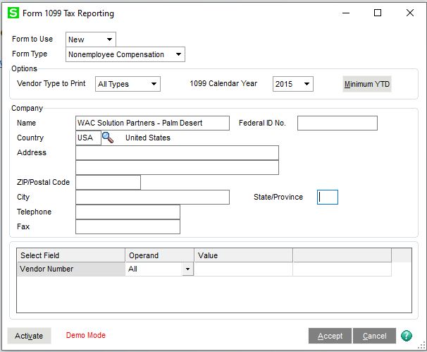 Sage 100 Cloud – Printing of 1099s and 1096s Nonemployee Compensation Update.