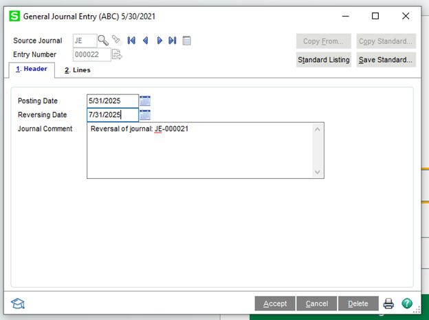 Sage 100 – How to reverse a General Ledger Journal Entry and post to new date.