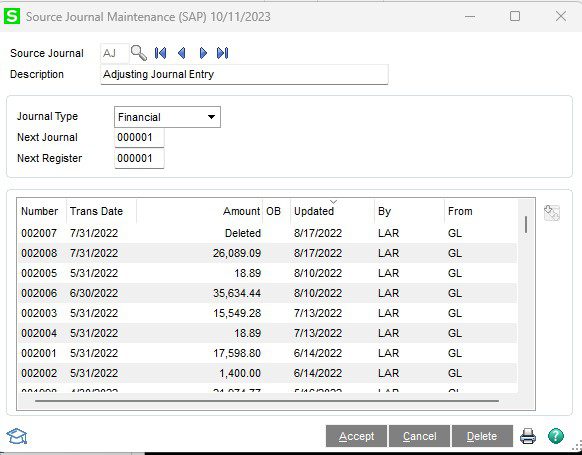 Sage 100 – How to Reset General Ledger Journal numbers.